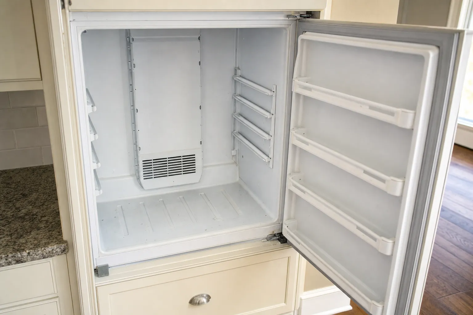 Built-in refrigerator compartment open and empty, showing the rear evaporator vent and the door shelves