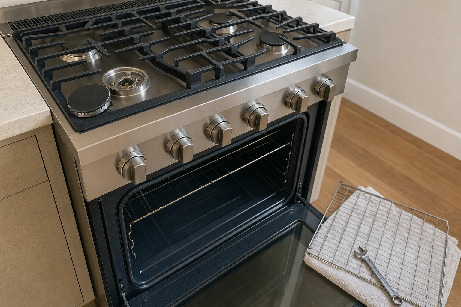 Pro-style stainless gas range with a burner cap lifted off and the oven door open, rack and wrench on a towel