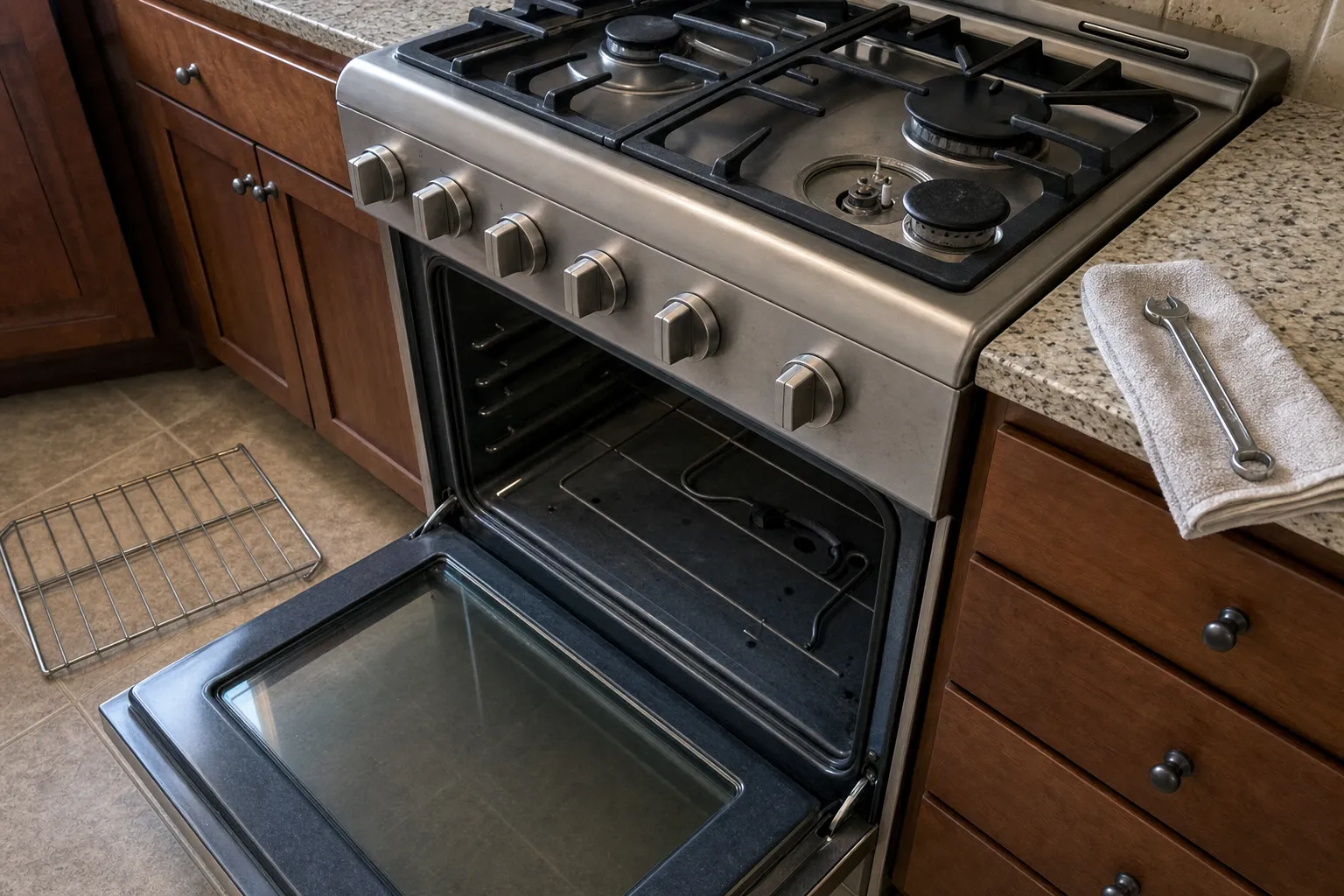 Six-knob stainless gas range between wood cabinets with the oven door down, its rack on the floor and a wrench folded into a towel on the granite
