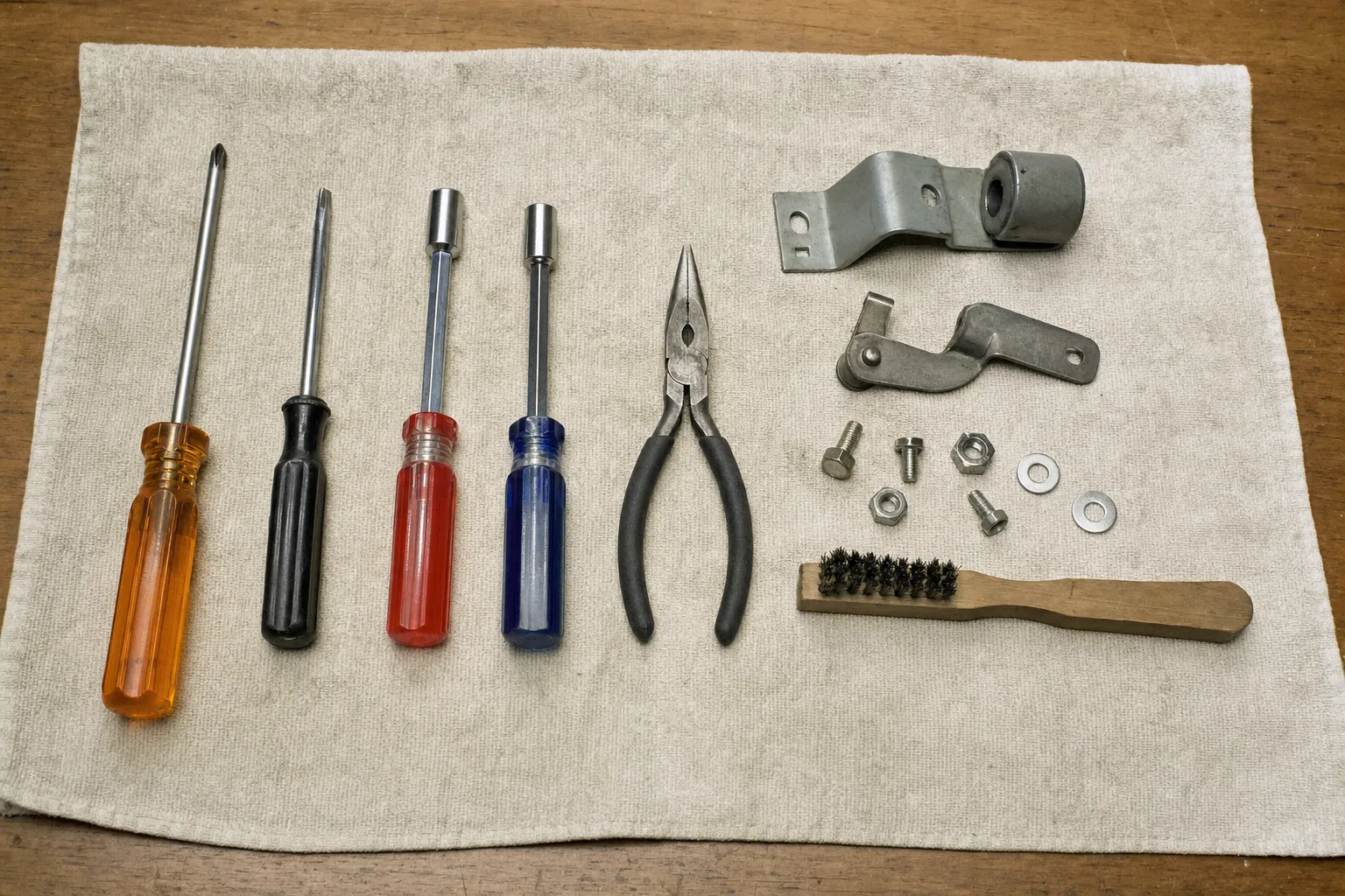 Two screwdrivers, red and blue nut drivers and needle-nose pliers beside two steel brackets, one with a rubber roller, and a wire brush
