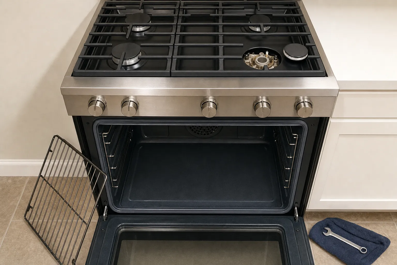 Gas range seen from above with one burner head lifted to show its brass base, the oven open and a wire rack propped against its side