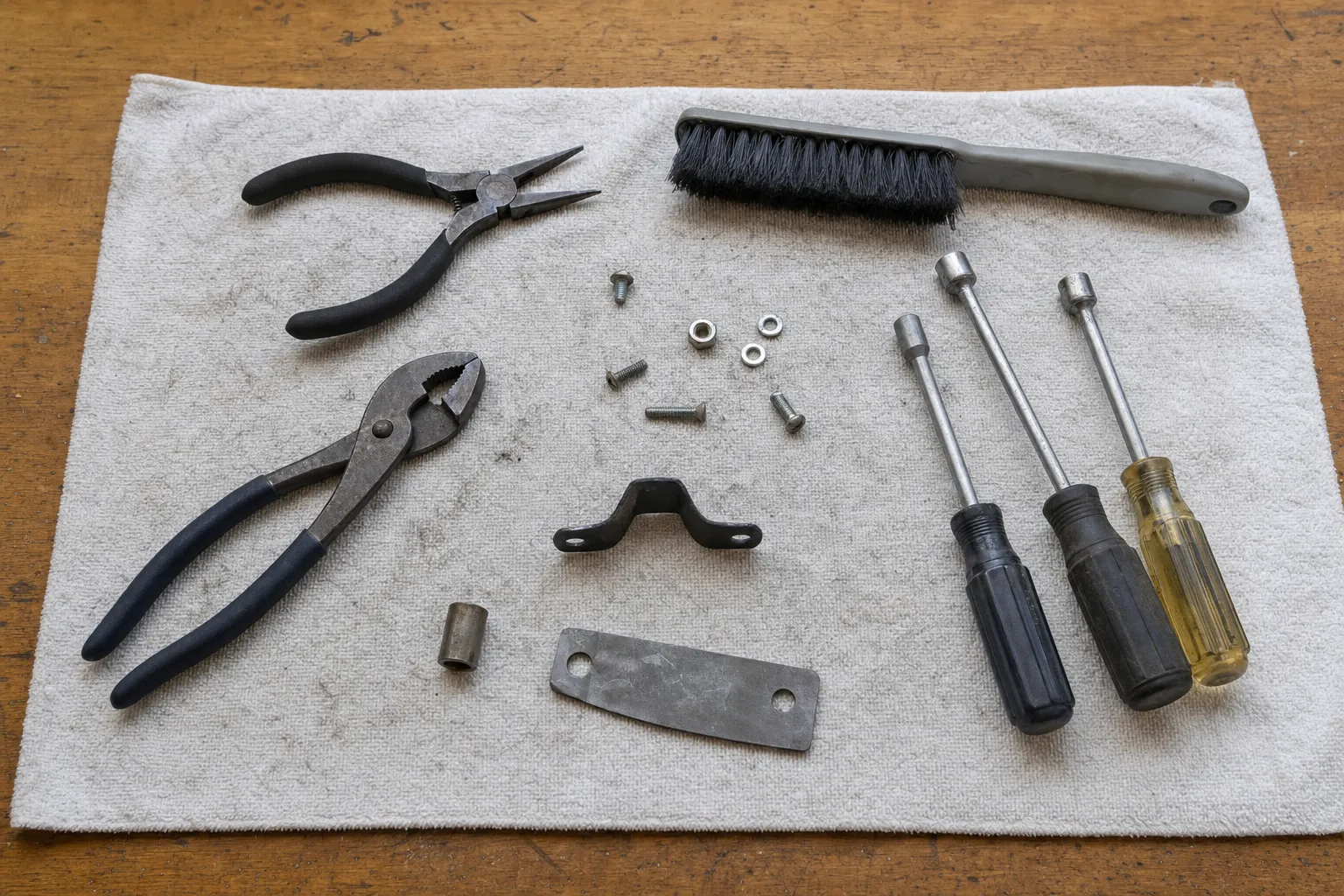 Needle-nose and tongue-and-groove pliers, three nut drivers, a broad brush, a strap clip and a flat steel plate on a towel